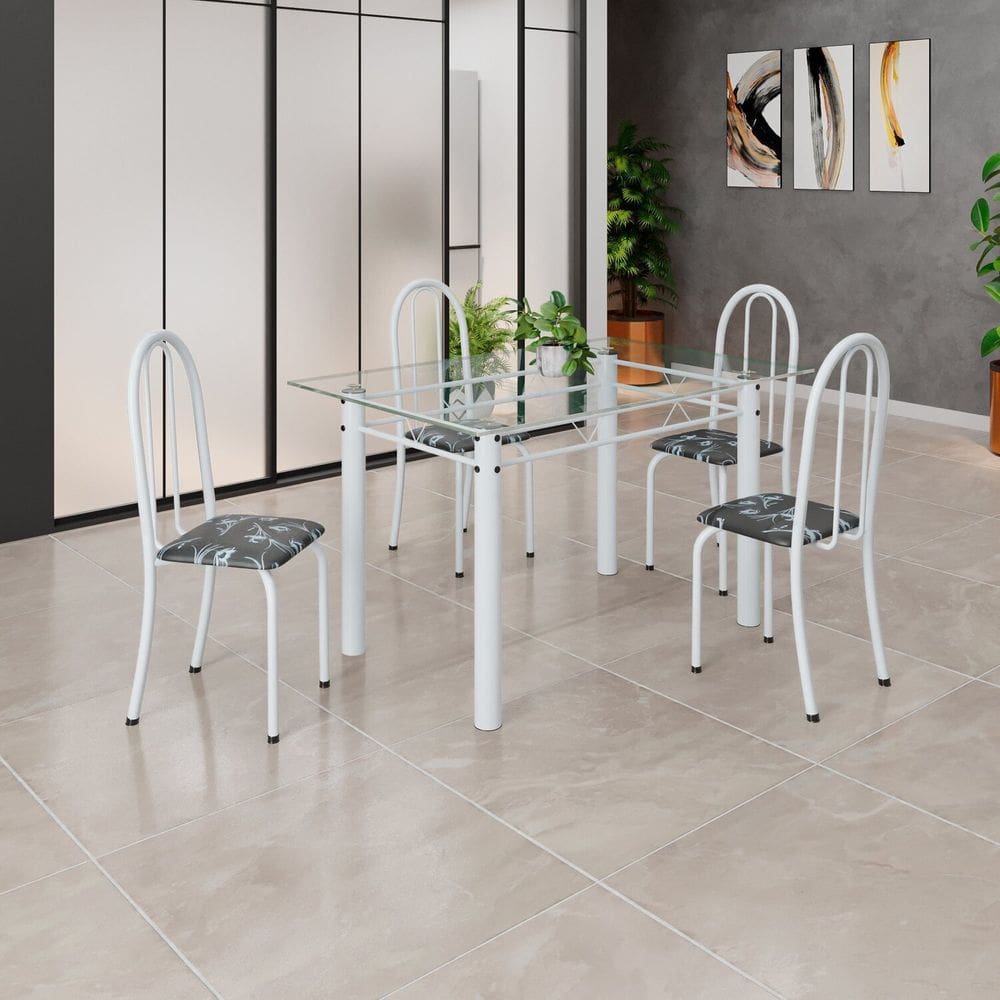 Conjunto de Mesa Tubular 120x75cm Tampo em Vidro com 4 Cadeiras Iris B Preto Floral/Branco