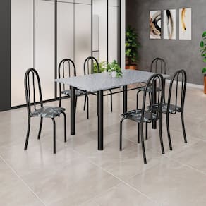 Conjunto de Mesa Tubular 140cm X 75cm Tampo em Granito Ocre com 6 Cadeiras Iris B Preto