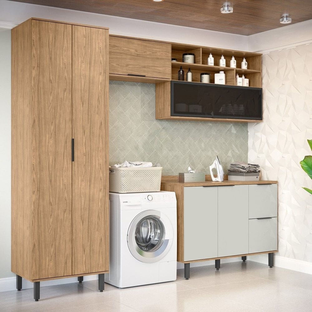 Lavanderia Modulada com 2 Aéreos, 1 Balcão e 1 Armário Multiuso Toscana 100% Mdf Freijó/Off White
