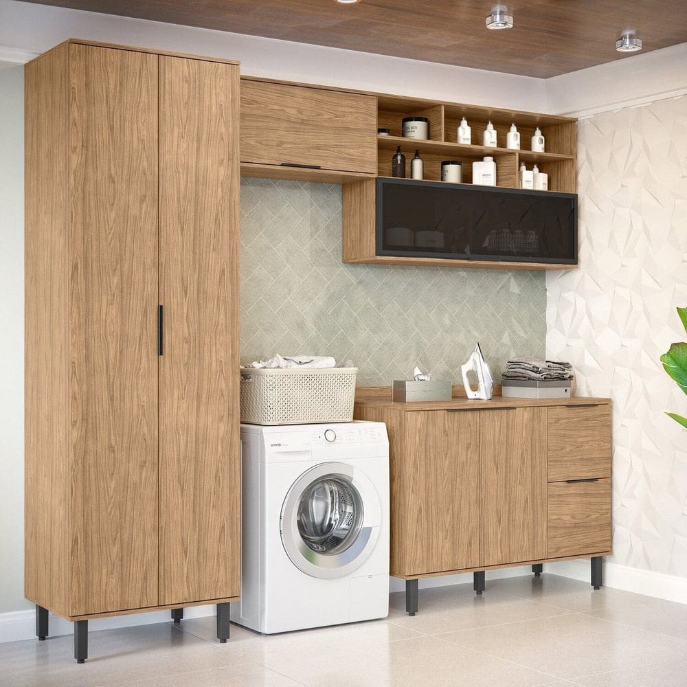 Lavanderia Modulada com 2 Armários Aereos, 1 Balcão e 1 Armário Multiuso Toscana 100%mdf Freijó
