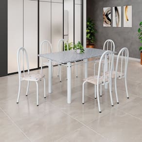 Conjunto de Mesa Tubular 140cm X 75cm Tampo em Granito Ocre com 6 Cadeiras Iris B Bege / Branco