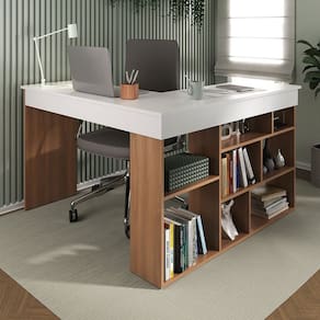 Mesa de Escritório 115,5x120cm em L 8 Nichos Montecello Nogal/Branco
