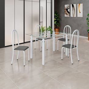 Conjunto de Mesa Tubular 120x75cm Tampo em Vidro com 4 Cadeiras Iris B Preto Liso/Branco