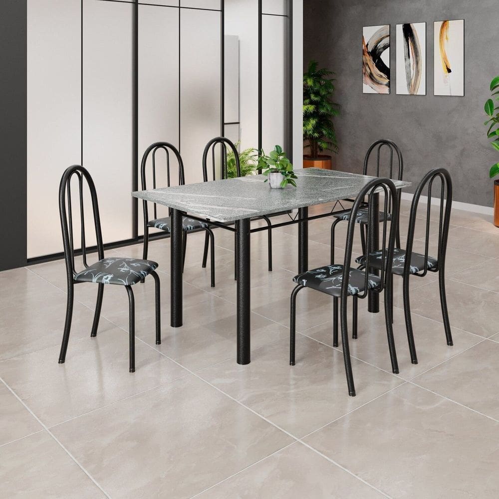 Conjunto de Mesa Tubular 140cm X 75cm Tampo em Granito Topázio com 6 Cadeiras Iris B Preto