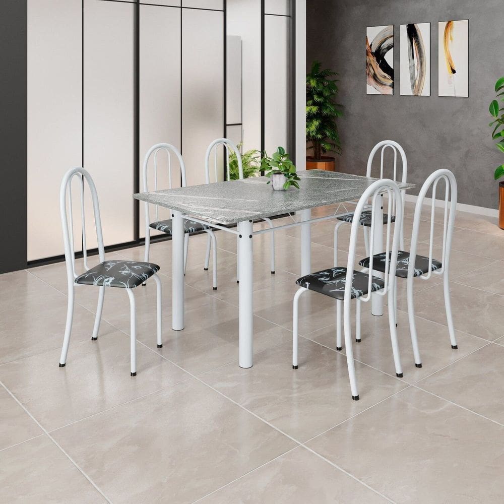 Conjunto de Mesa Tubular 140cm X 75cm Tampo em Granito Topázio com 6 Cadeiras Iris Preto / Branco
