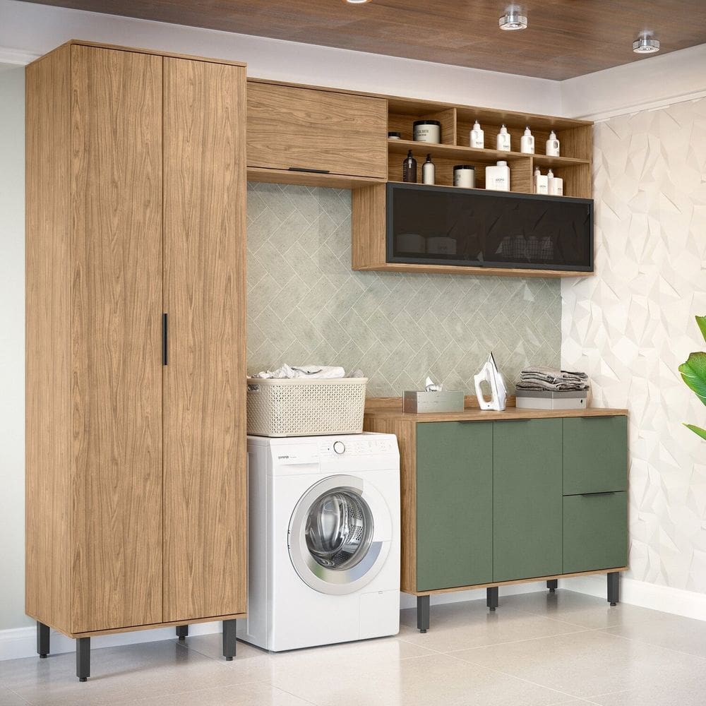Lavanderia Modulada com 2 Aéreos, 1 Balcão e 1 Armário Multiuso Toscana 100% Mdf Freijó/Jade