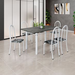 Conjunto de Mesa Tubular 140cm X 75cm Tampo em Ardósia Indiano com 6 Cadeiras Iris B Preto / Branco