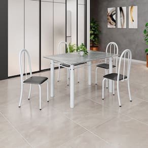 Conjunto de Mesa Tubular 120x75cm Tampo em Granito Topázio com 4 Cadeiras Iris Preto / Branco