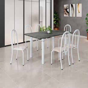 Conjunto de Mesa Tubular 140cm X 75cm Tampo em Ardósia Indiano com 6 Cadeiras Iris B Bege / Branco
