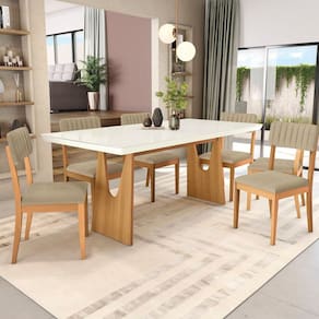 Conjunto Mesa Mila com 6 Cadeiras em Madeira Maciça Bege