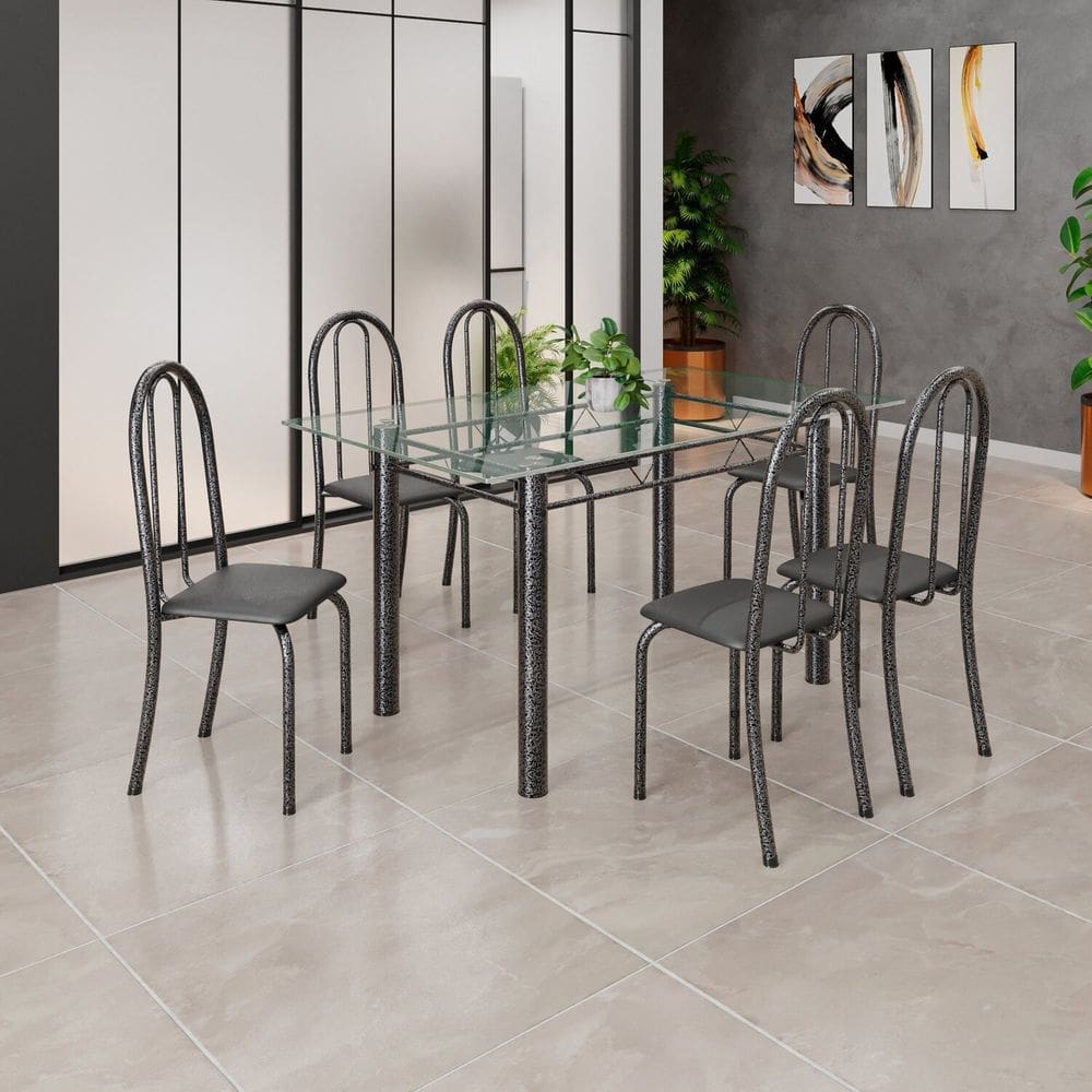 Conjunto de Mesa Tubular 140cm X 75cm Tampo em Vidro Incolor com 6 Cadeiras Iris B Preto / Prata
