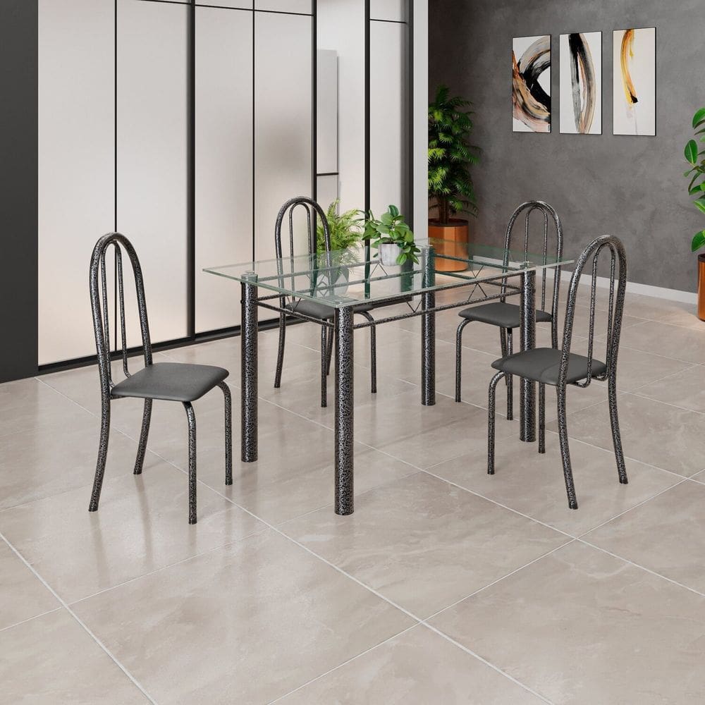 Conjunto de Mesa Tubular 120x75cm Tampo em Vidro com 4 Cadeiras Preto Liso/Martelado Prata