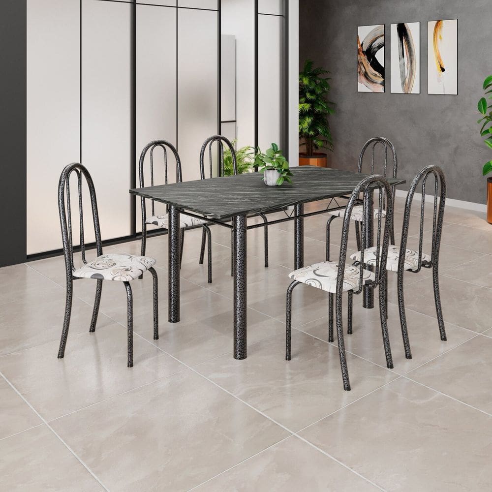 Conjunto de Mesa Tubular 140cm X 75cm Tampo em Ardósia Indiano com 6 Cadeiras Iris B Arabesco/ Prata