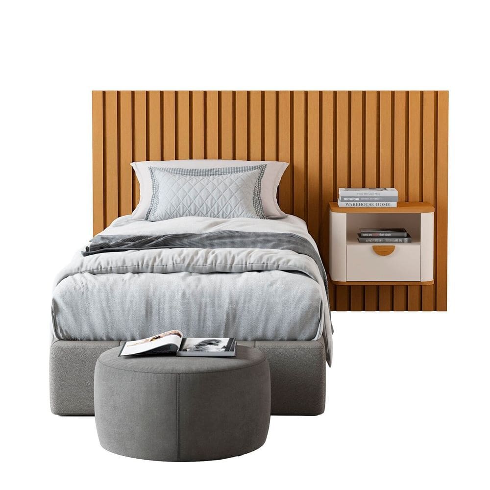 Cabeceira Ripada Solteiro com 1 Mesas de Cabeceira Curva Buriti OffWhite/Marrom
