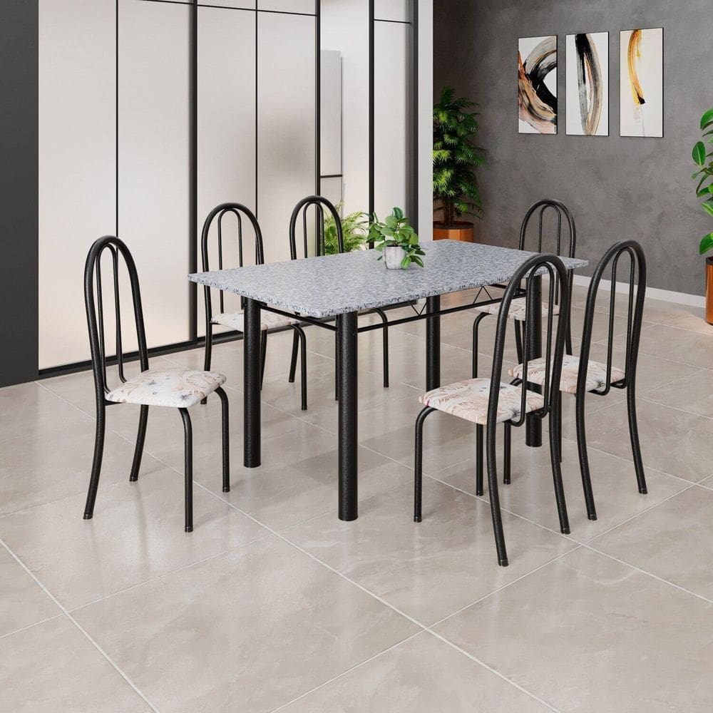 Conjunto de Mesa Tubular 140cm X 75cm Tampo em Granito Ocre com 6 Cadeiras Iris B Bege / Preto
