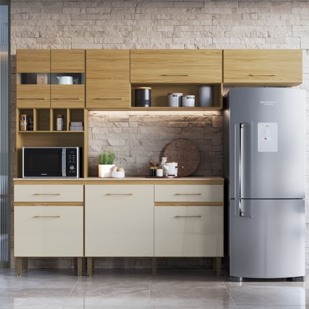 Cozinha Compacta 4 Peças Santiago 197,5x250x38,5 Cm Ipê/Cristalo/Petra
