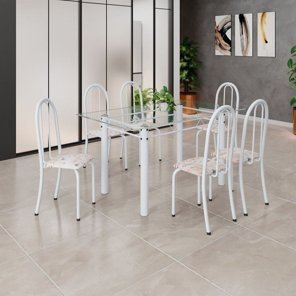 Conjunto de Mesa Tubular 140cm X75cm Tampo em Vidro Incolor com 6 Cadeiras Iris B Bege / Branco