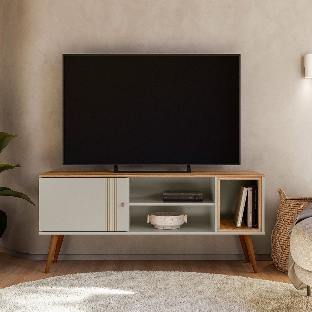 Rack para Tv até 55 Polegadas com 1 Porta de Correr e Pé Estilo Retrô Off White/ Marrom