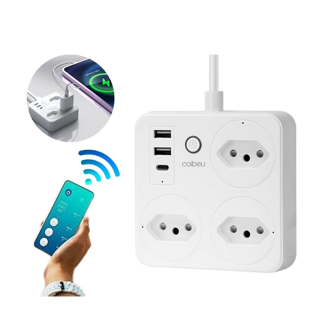 Tomada Extensão Inteligente Wi-Fi Alexa Controle Por Voz e por Celular 3 Tomadas 2 USB-A e 1 USB-C