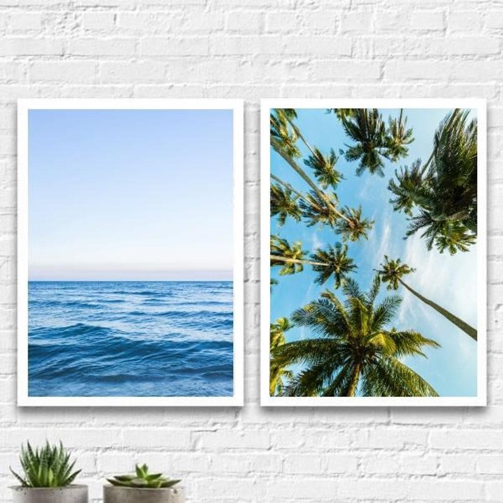 Kit 2 Quadros Praia Mar Coqueiros 45X34Cm - Madeira Branca