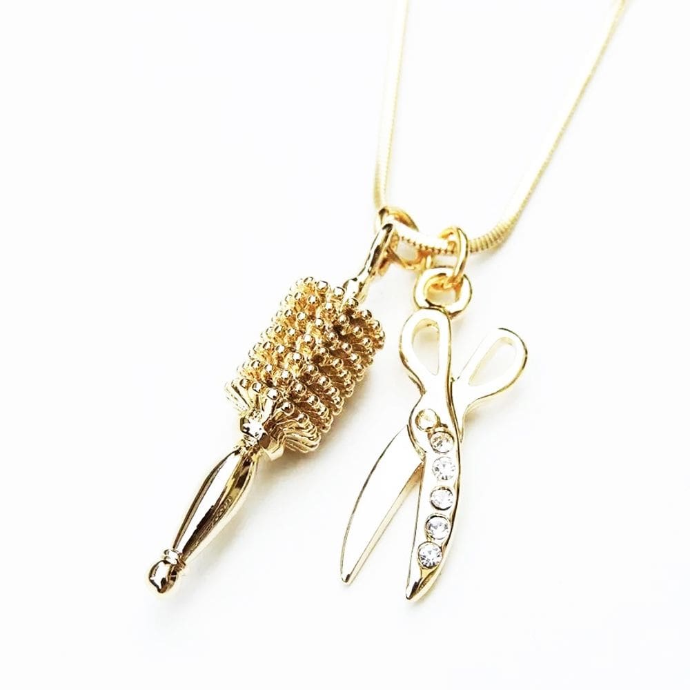Colar Beleza Cabeleireira Escova Tesoura Folheado Ouro 18k