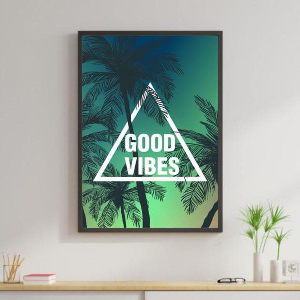 Quadro Good Vibes Palmeira Por Do Sol Moldura Preta 24X18Cm