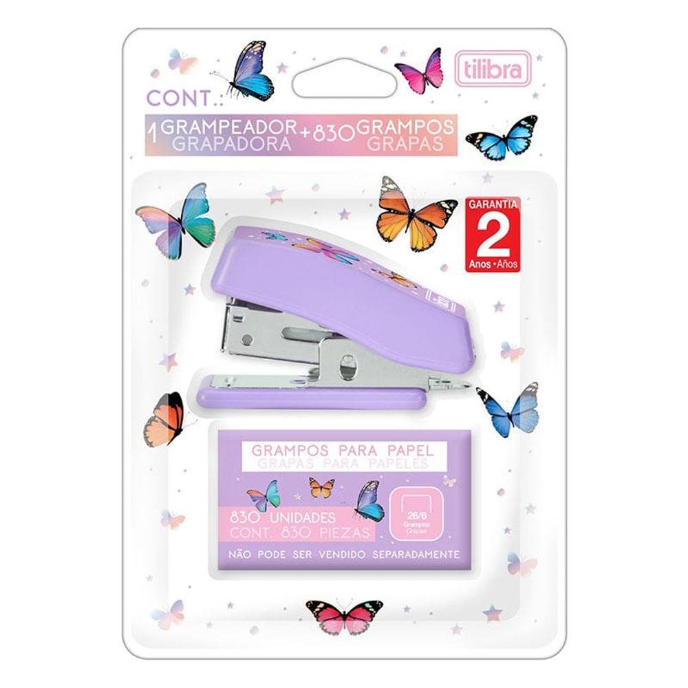 Mini Grampeador Borboleta com Extrator e Grampos 12 Folhas Roxo - Tilibra