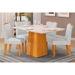 Cozinha Completa Italia Tampo Madeirado Com Vidro 120x90cm E 4 Cadeiras Julia Cedro Off White Linho Neve