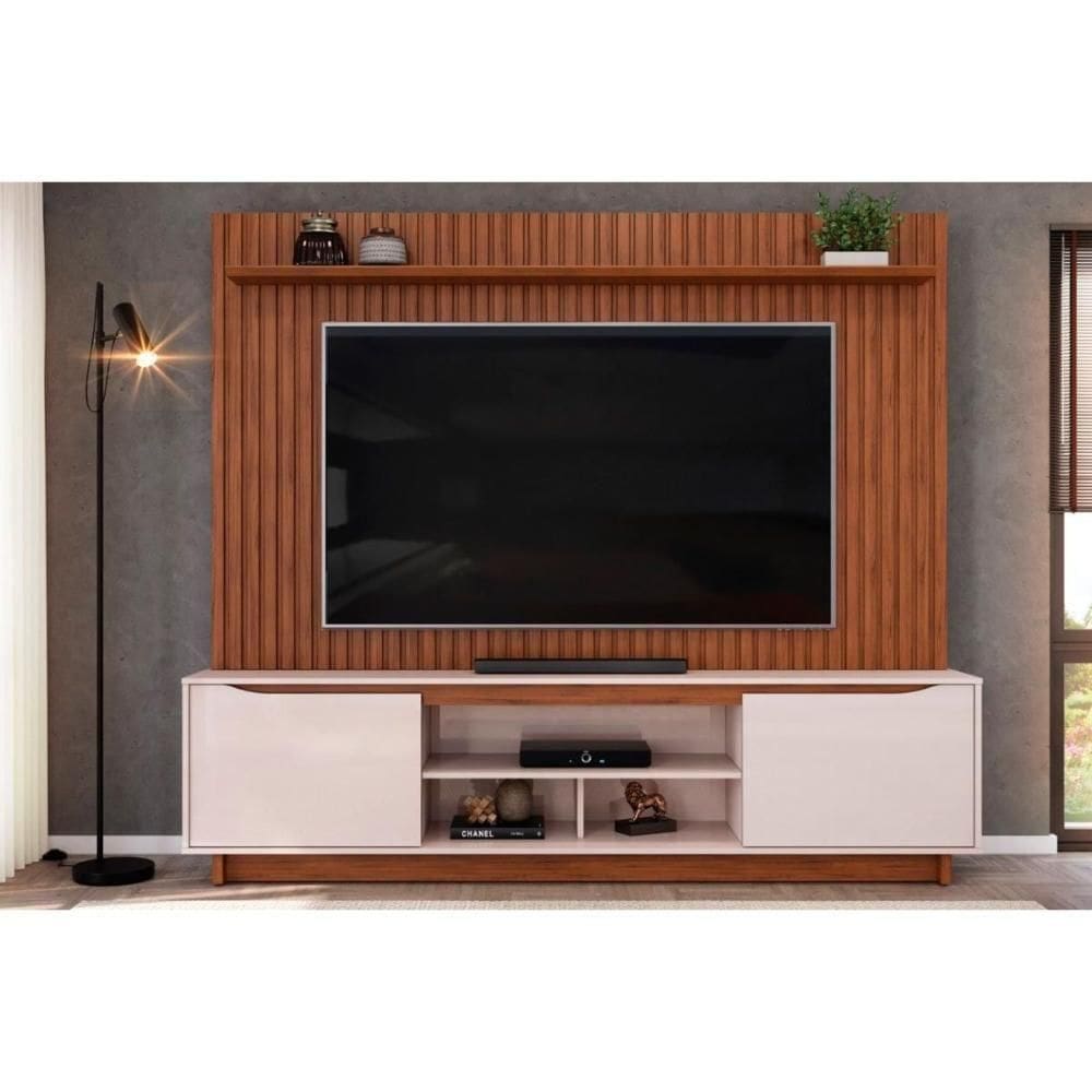 Estante P- Sala Até 70 Polegadas Enzo C- Prateleira Nichos E Pés 200x188cm Freijó-off White - Dj Móveis