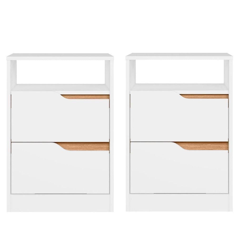 Kit 2 Mesas de Cabeceira 2 Gavetas Sara  Branco Freijó