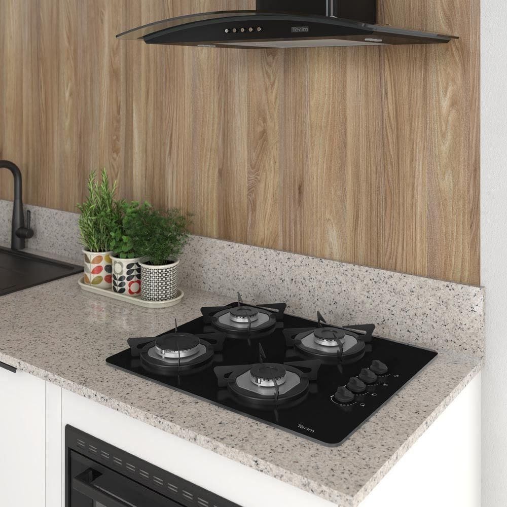 Cooktop Terim à Gás TRM 4B - Vidro Preto com Flange Inox Preto - Bivolt
