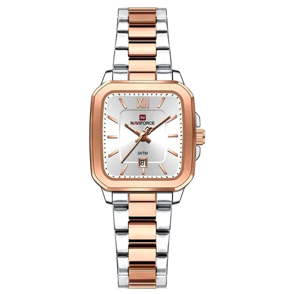 Relógio De Quartzo Feminino Casual Mostrador Quadrado Pulseira Em Aço Inoxidável Impermeavel Prata Rose