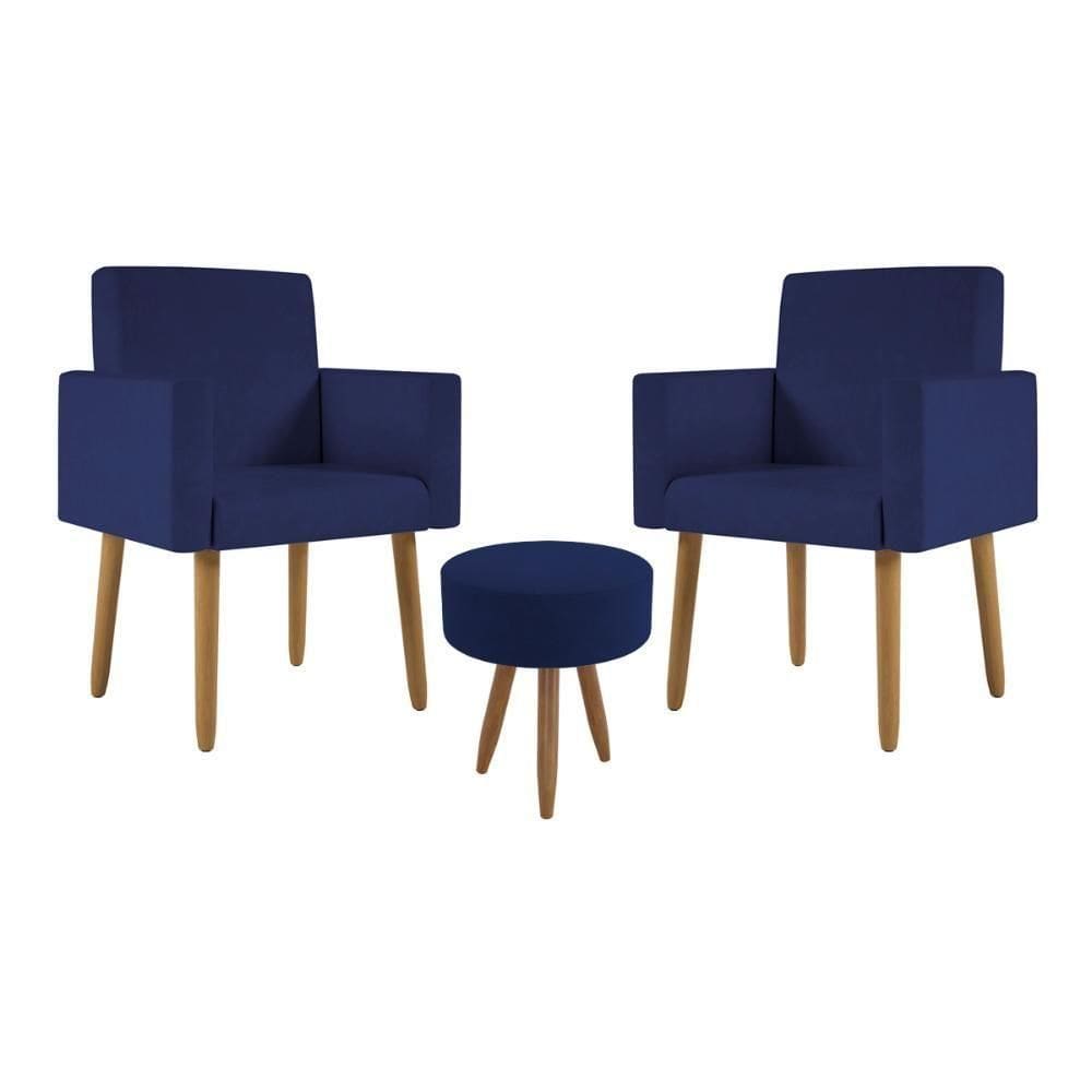 Kit 2 Poltronas Decorativa Sala Nina Com Puff Balaqui Decor Azul Marinho