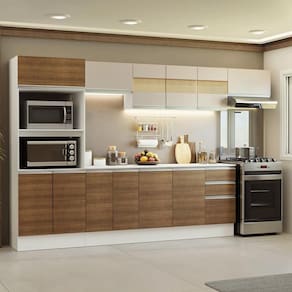 Armário De Cozinha Completa 100% MDF 310 Cm Smart 02 Branco/Rustic/Crema