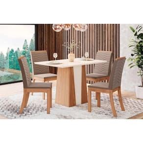 Conjunto Mesa De Cozinha Orus Com Tampo Madeirado 120x80cm E 4 Cadeiras Isa Nature Off White Suede Marrom Henn