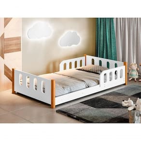 Cama Montessoriana Infantil Com Grade de Proteção Camila Branco Com 2 Luminárias - Divaloto