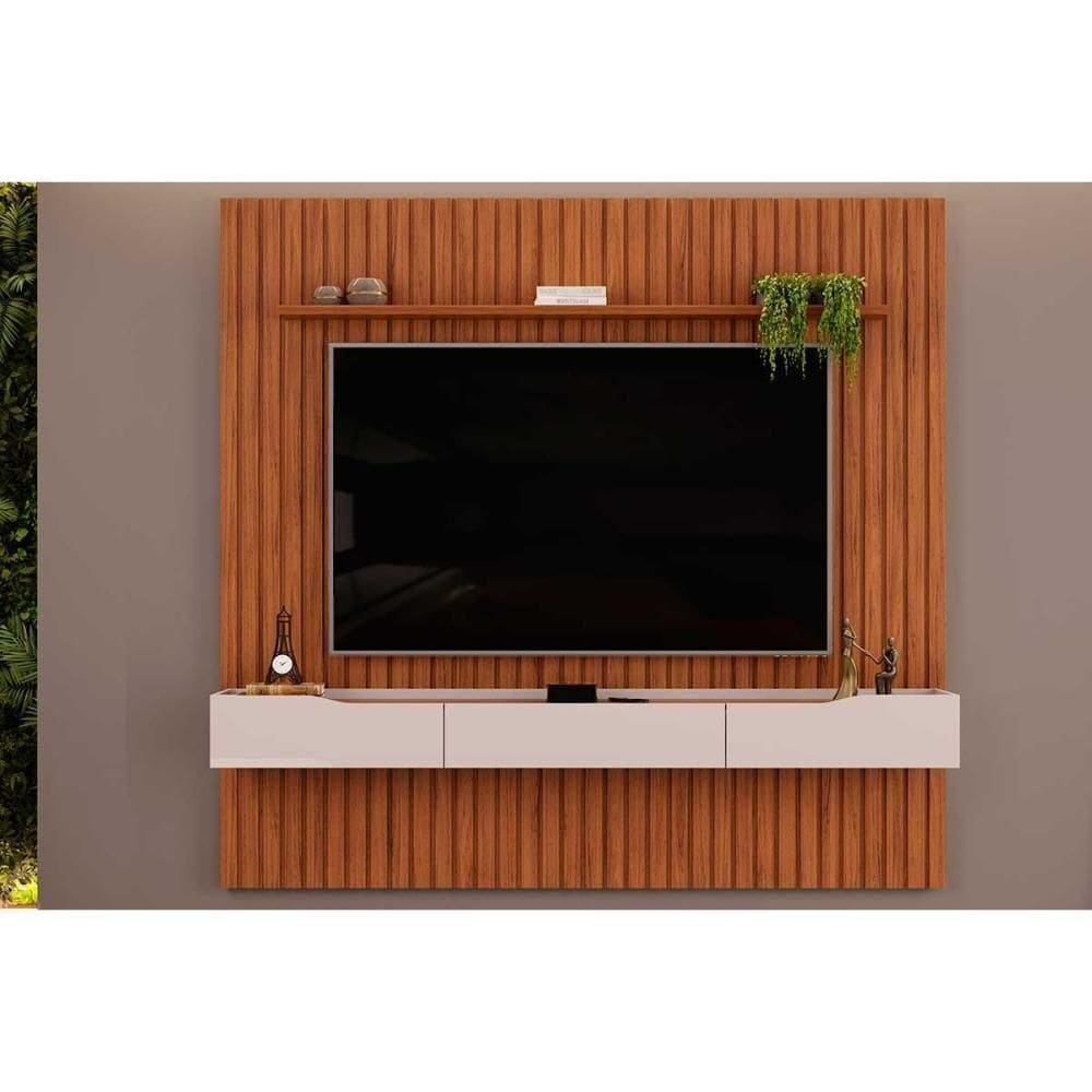 Estante P- Sala Até 65 Pol Pratic Ripado C- 3 Gavetas 223x240cm Freijó-off White - Dj Móveis