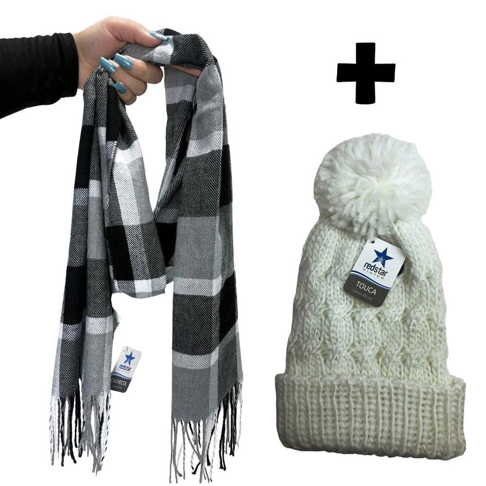 Kit Inverno Cachecol Xadrez Blogueira Touca Pompom Frio