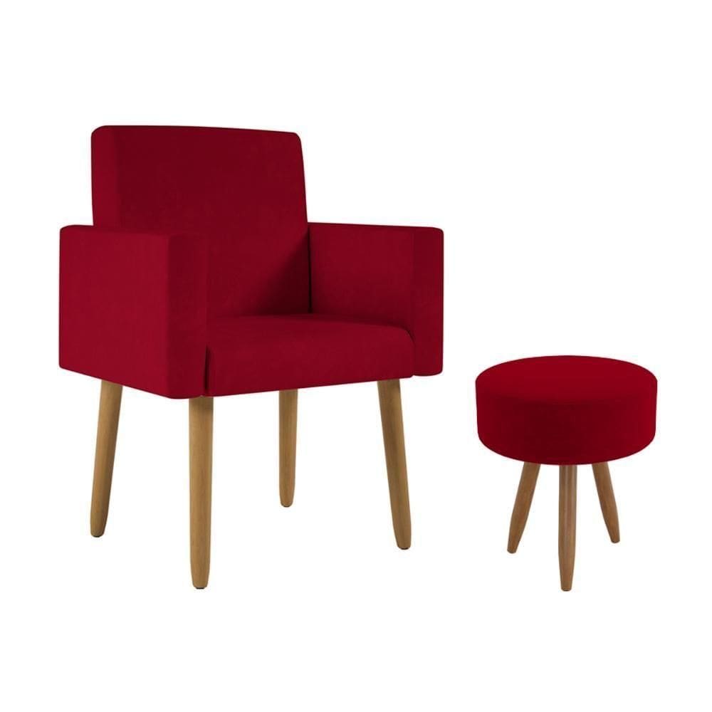 Poltrona Decorativa Cadeira Recepção Com Puff Balaqui Decor Vermelho