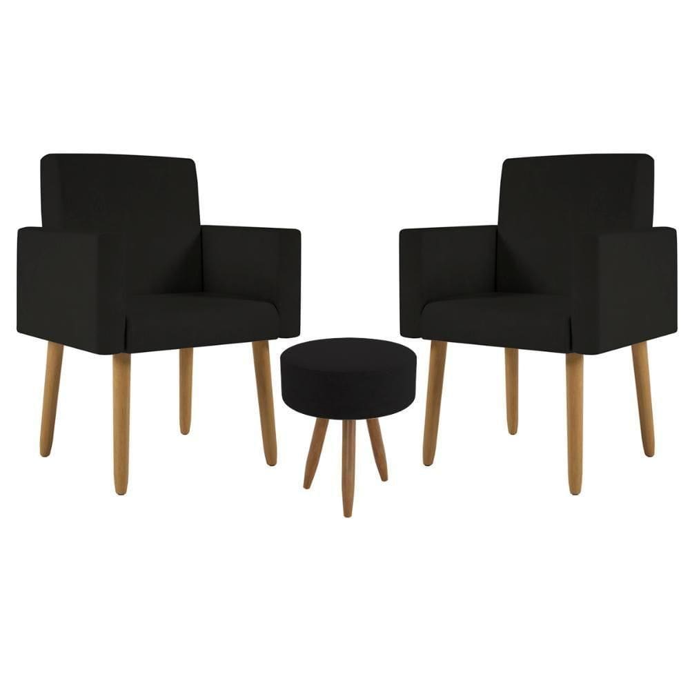 Kit 2 Poltronas Cadeira Recepção Nina Com Puff Balaqui Decor Preto