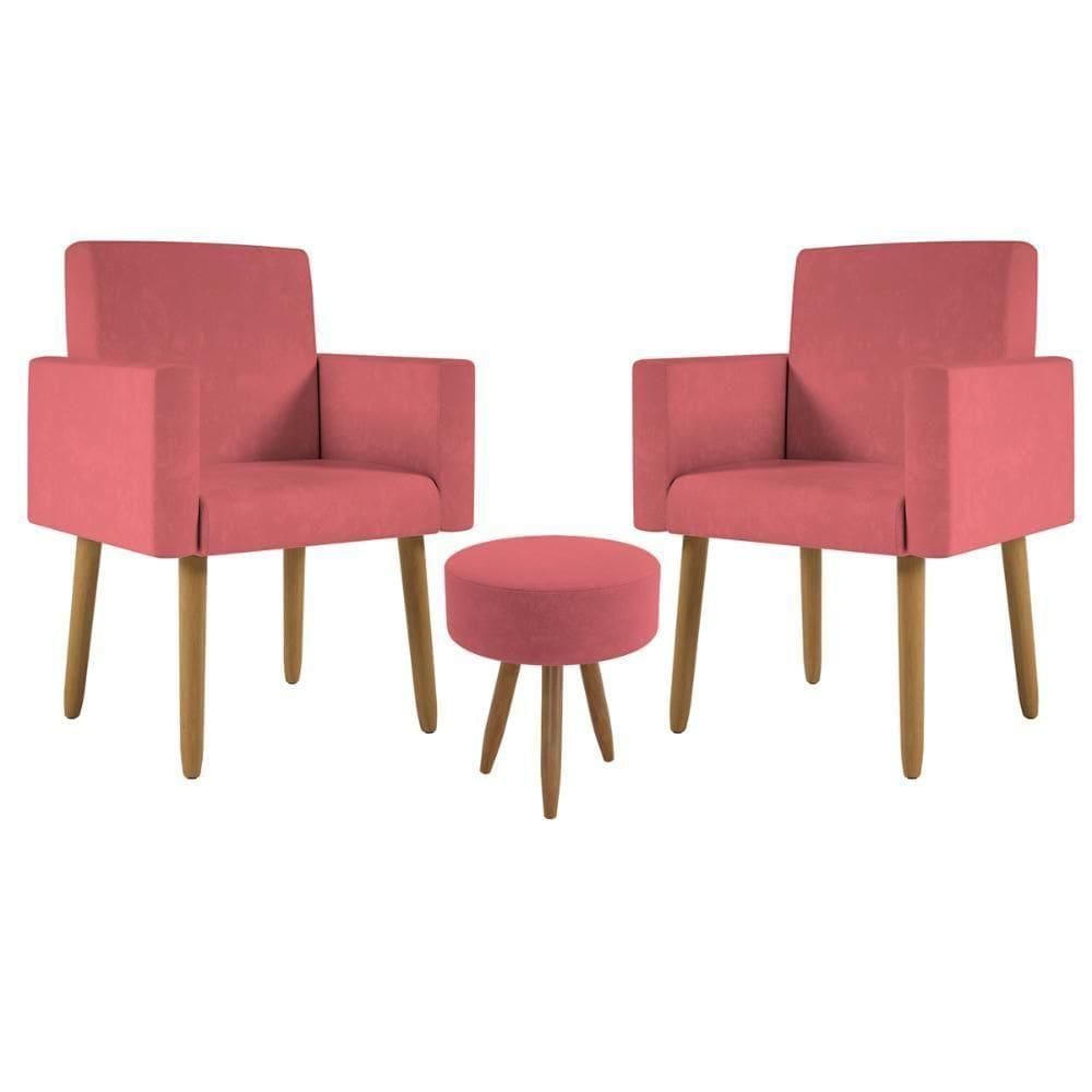 Kit 2 Poltronas Decorativa Consultorio Nina Com Puff Balaqui Cor:rosa Rosa