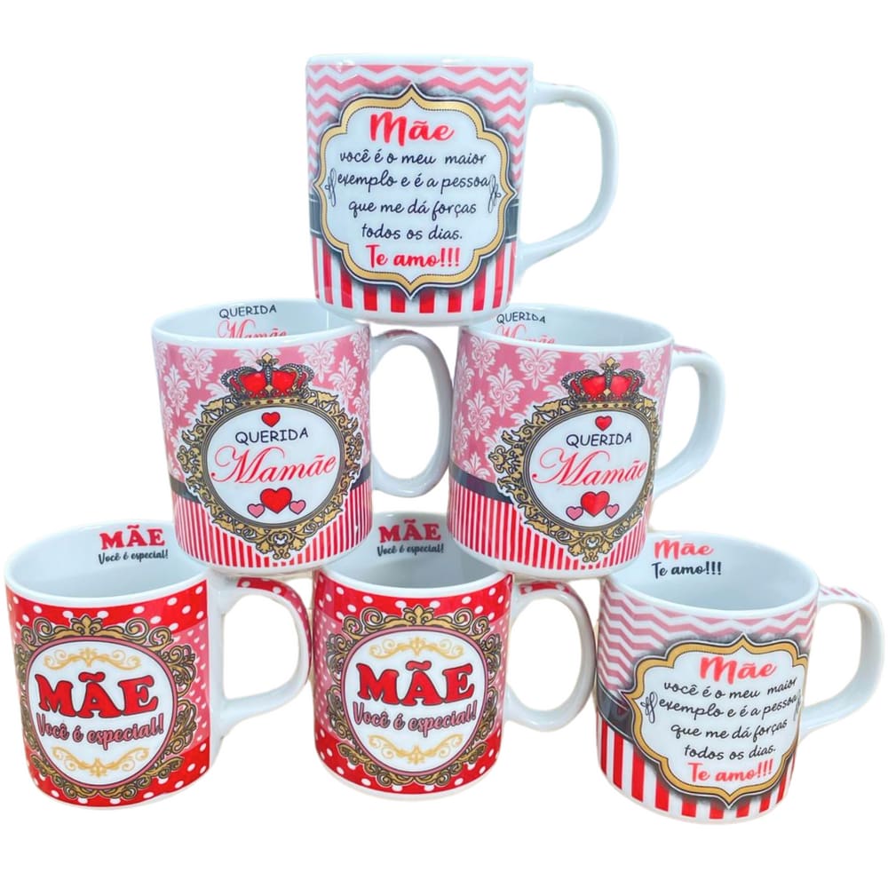 Jogo 6 canecas 300ml Frases Mãe - Kit Porcelana - Dec. RS/VM