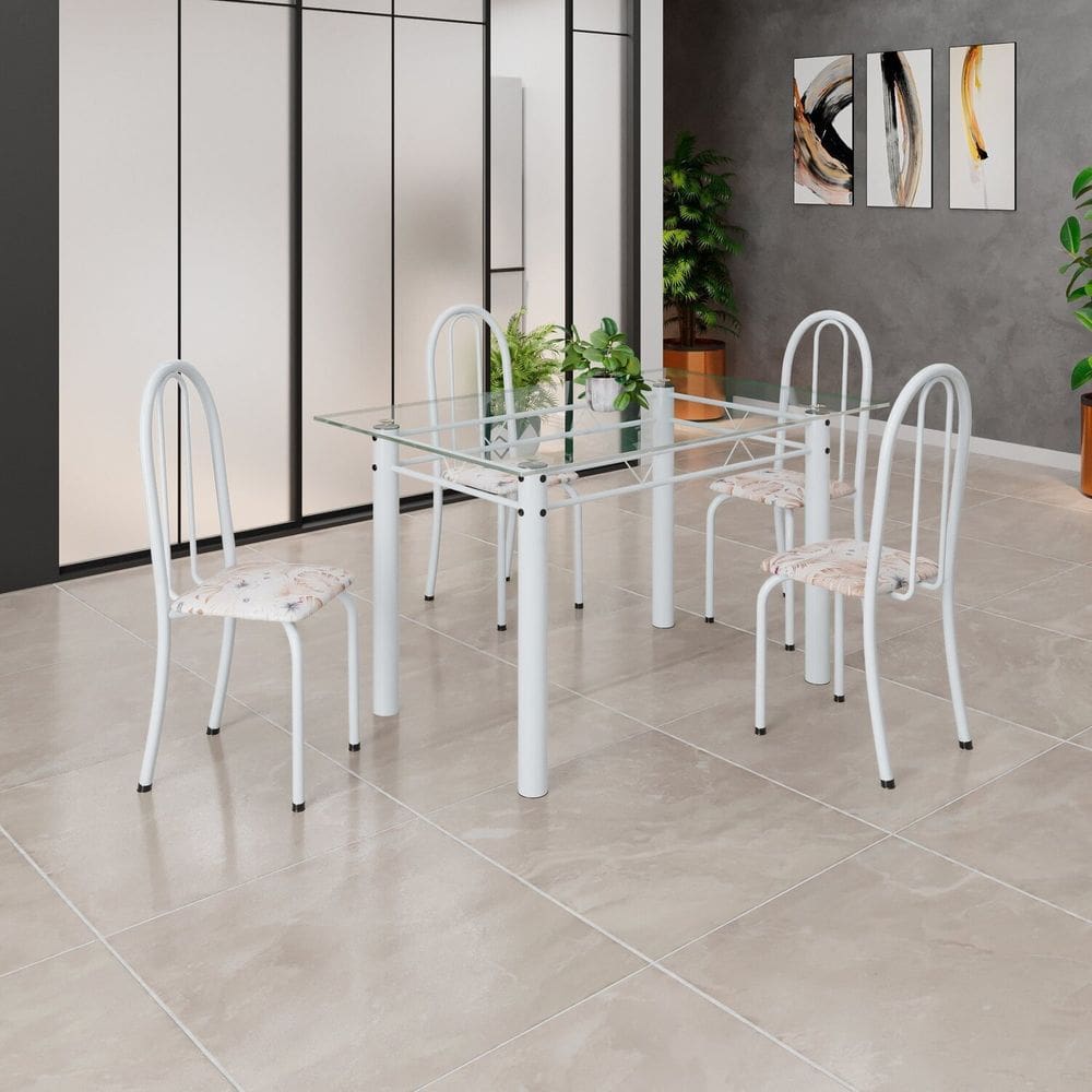 Conjunto de Mesa Tubular 120x75cm Tampo em Vidro com 4 Cadeiras Iris B Botanic Bege/Branco