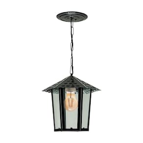 Lustre Pendente Blumenau Colonial Sextavado Vidro Liso E27 Bivolt Preto Fosco