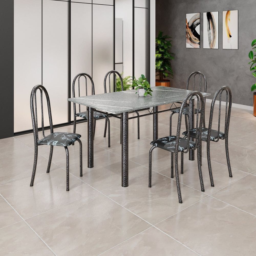 Conjunto de Mesa Tubular 140x75cm Tampo em Granito Topázio com 6 Cadeiras Iris B Preto Floral / Mart Prata