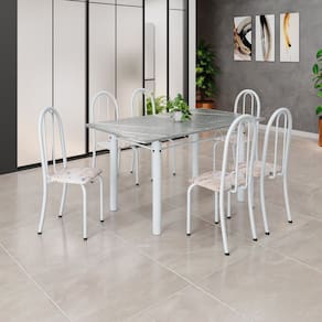 Conjunto de Mesa Tubular 140cm X 75cm Tampo em Granito Topázio com 6 Cadeiras Iris Bege / Branco