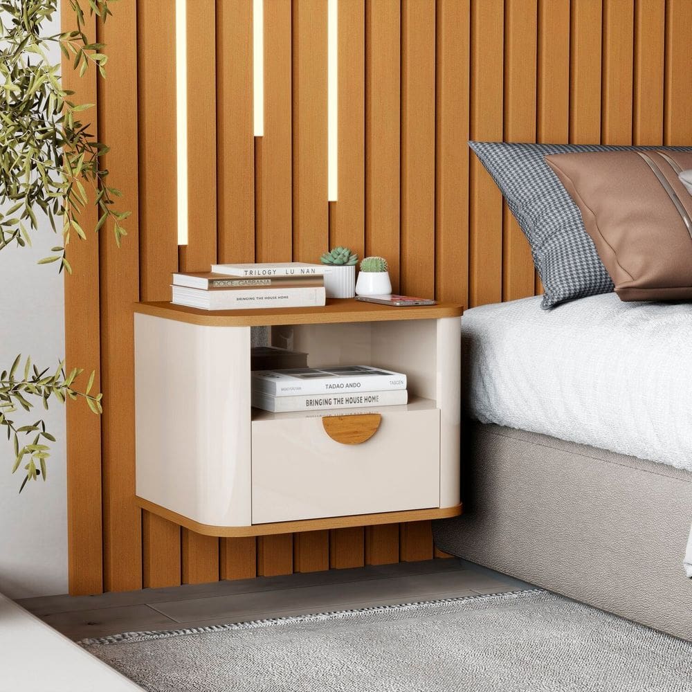 Mesa de Cabeceira Suspensa Curva Buriti OffWhite/Marrom