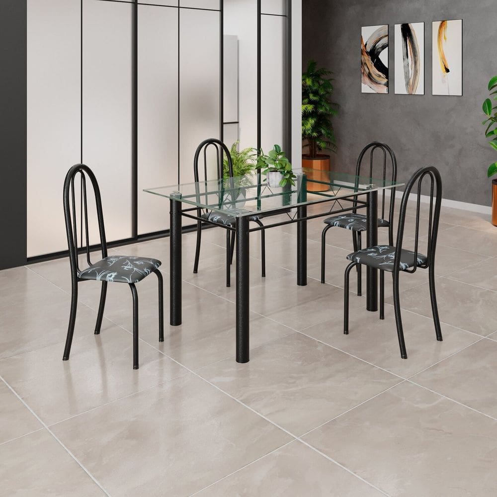 Conjunto de Mesa Tubular 120x75cm Tampo em Vidro com 4 Cadeiras Iris B Floral Preto /Preto
