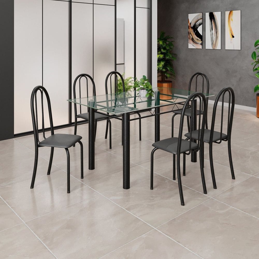 Conjunto de Mesa Tubular 140cm X 75cm Tampo em Vidro Incolor com 6 Cadeiras Iris B Preto / Preto
