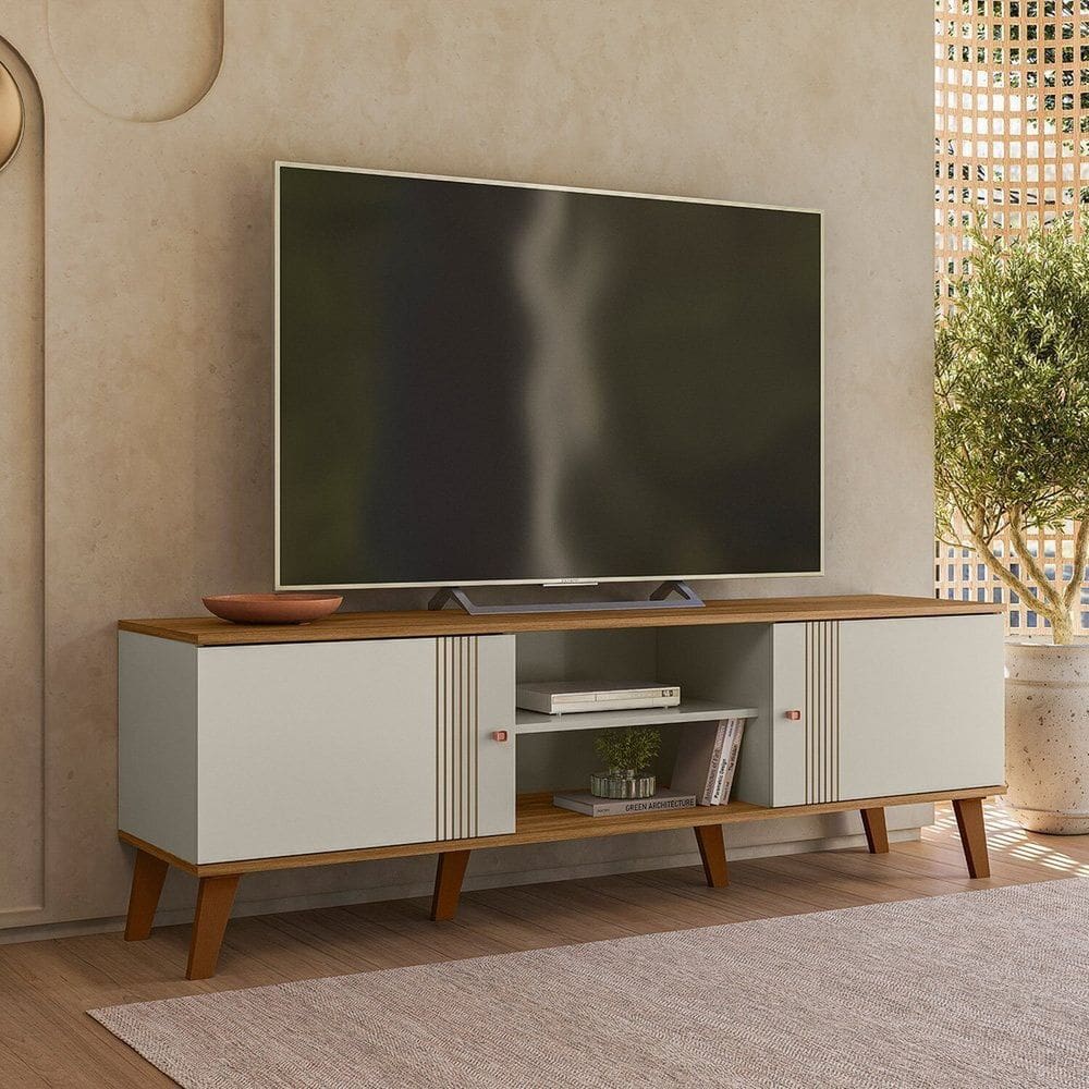 Rack Denver 160cm para Tv até 65 Polegadas 2 Portas Off White/ Marrom